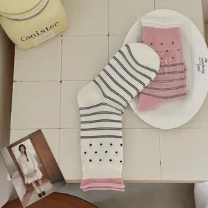 Japanische Socken mit gerollten Bündchen, Streifen und Punkten für Damen, weiche Baumwollsocken.