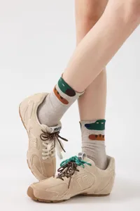 Cute cartoon illustration mid-calf cotton socks for women, breathable soft knit casual hosiery.