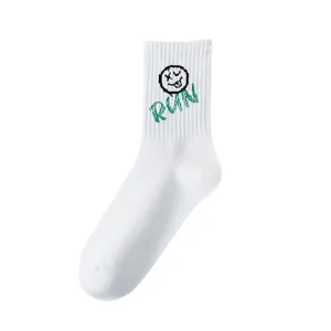 Chaussettes mi-mollet homme streetwear tendance avec visage smiley et graphique run blanc