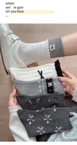 Korean style cute bear mid-tube socks women autumn winter bow lace knitted hosiery