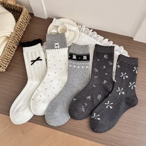 Women Korean Style Cute Cartoon Bear Bow Lace Mid Tube Socks Cotton Blend Casual Daily Comfortable Crew Socks