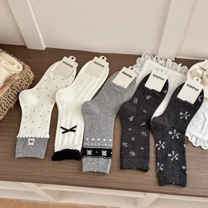 Korean style women mid tube socks cute bear bow lace cotton hosiery grey white 5 pairs
