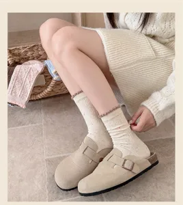 Cozy speckled mid-tube women socks with cute brown ruffle trim, soft knit autumn winter hosiery.