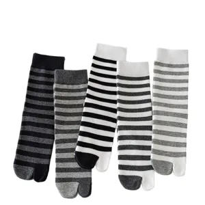 Japanese style striped split toe socks for women, classic black grey white two finger socks.