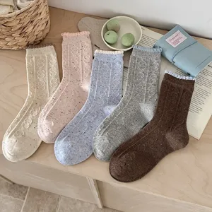 Korean style speckle yarn women socks autumn winter knit cable knit mid-tube socks