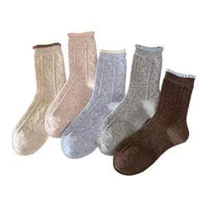 Korean style speckle yarn women mid-tube socks with cable knit and cute ruffle cuffs for autumn winter.