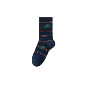 Cotton mid-tube socks featuring a cute cartoon animal pattern and classic brown horizontal stripes.