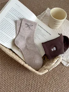 Sweet girls cotton socks with cute bow and bear embroidery Japanese style mid tube cute daily wear.