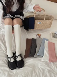 Women solid color ribbed long socks autumn winter cotton calf socks vintage sweet style hosiery
