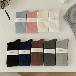 Women Japanese style solid color ribbed knit crew socks soft cotton daily wear 9 pairs