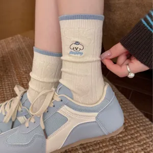 Damen süße welpen bestickung mittelsocken japanischer retro farbblock baumwollsocken