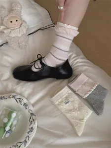 Korean style sweet women socks featuring cute ruffles, embroidery and pearl details for girls.