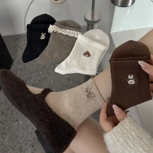 Sweet Japanese style cotton socks with cute embroidery, lace trim, and comfortable mid-tube fit.