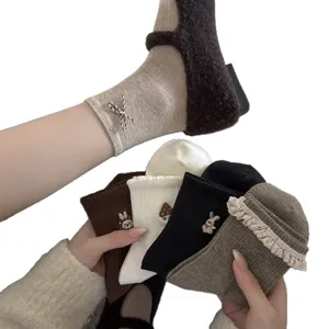 Sweet lace cotton socks with cute rabbit embroidery, Japanese style mid-tube socks.