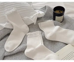 Gros-plan de chaussettes blanches à volants en coton doux avec des finitions élégantes.