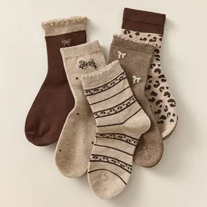 Calze al Polpaccio Retro con Fiocco Leopardo e Righe da Donna Misto Cotone Carino Stile Barocco INS Casual Quotidiano