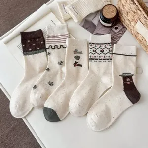 Calcetines de Media Altura Retro Otoño Invierno para Mujer Algodón Peinado Lindo Dibujos Animados Floral Casual Hosiery