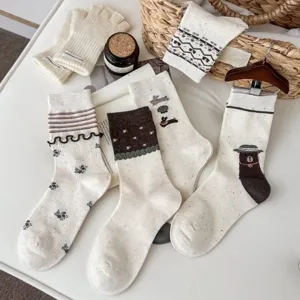 Acogedores calcetines de punto otoño invierno mujer bonitas flores oso dibujos animados vintage