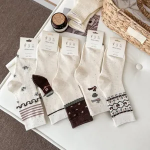 Otoño invierno calcetines de mujer floral dibujos animados tubo medio hilo vintage algodón