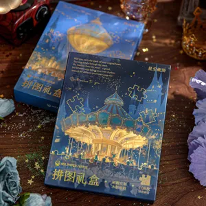 Detail de la boite cadeau de puzzle en papier 108 pieces vue de nuit de conte de fees.