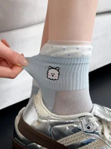 Summer women light blue mesh mid-tube socks cute cartoon embroidered breathable cute socks