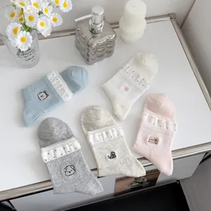 Summer women cute embroidered mid calf socks mesh thin breathable cotton casual socks set 5 pairs