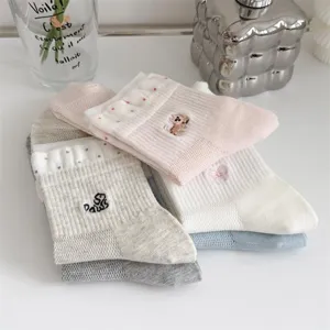 Summer women's cute mesh mid-calf socks with adorable animal embroidery and breathable thin style.