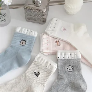 Cute summer mesh mid-tube socks for women, breathable thin cotton socks with adorable animal embroidery.