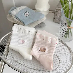 Cute mesh mid-calf socks with adorable animal embroidery and bow for women summer style.