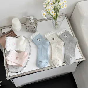 Summer cute animal embroidered mesh mid-calf socks for women, breathable thin lace style.