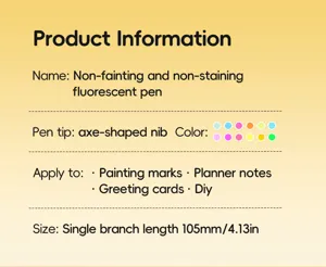 Non-staining fluorescent pen detail graphic showing product size 105mm and color options.
