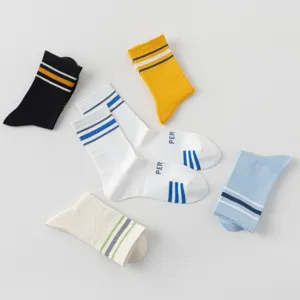 Close-up detail view of men's cotton sports mid-tube socks featuring vibrant color-block stripes.
