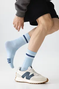 Men light blue mid-calf athletic socks featuring contrast double stripes for daily wear.