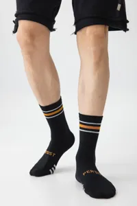 Men's athletic mid-calf socks detail, black cotton tennis basketball socks with stripes.