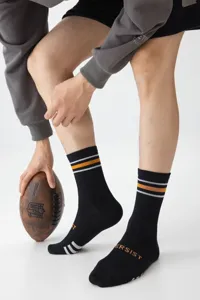 Men's casual athletic mid-tube socks featuring contrast stripes and knit logo closeup.