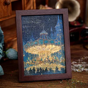 Puzzle de 108 pièces encadré avec scène nocturne de carrousel et citation inspirante.