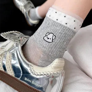 Summer women grey mesh mid-tube socks with cute puppy embroidery breathable casual socks.