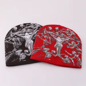 Detailed view of Y2K gothic graphic knit beanies in brown and red, soft winter warm pullover caps.