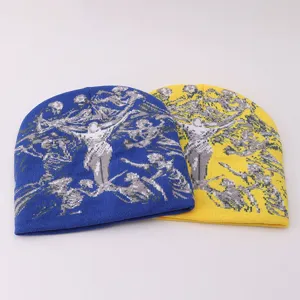 Y2K street style knit beanie hat with artistic figure graphic, warm winter skull cap.