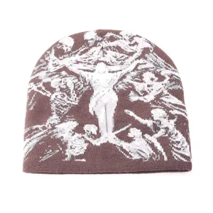Brown Y2K aesthetic knit beanie with retro religious portrait graphic detail close up.