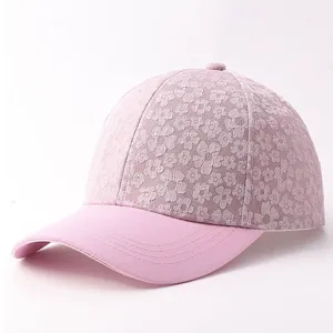 Pink floral lace baseball cap for women, sweet sun protection casual hat detail view.