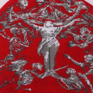 Red Y2K knit beanie with graphic jacquard design, vintage streetwear winter warm skull cap.