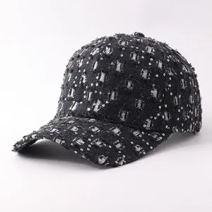 Gorra de beisbol de mezclilla desgastada con pedreria brillante, negro vintage, visera curva.