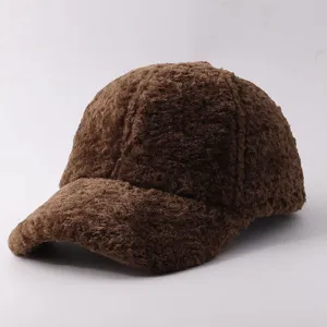 Gorra de béisbol de forro polar marrón para invierno, gorro de felpa cálido para exteriores.