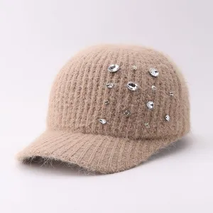 Casquette de baseball chaude en tricot avec strass elegante et doublure hiver.