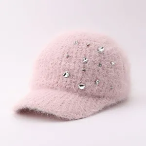 Casquette de Baseball d'Hiver en Velours de Vison Tricoté pour Femmes Élégant Chapeau en Strass Doublé de Polaire Chaude Accessoire de Mode Décontracté Cadeau