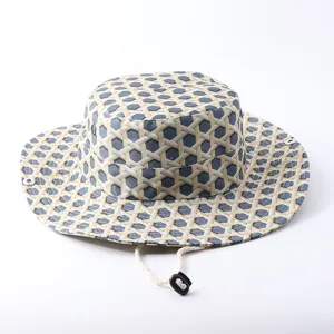 Outdoor wide brim bucket hat with adjustable cord, blue and yellow geometric print sun hat.
