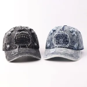 Vintage versleten denim honkbalpet, stijlvolle gewassen baseballpet met coole borduursels.