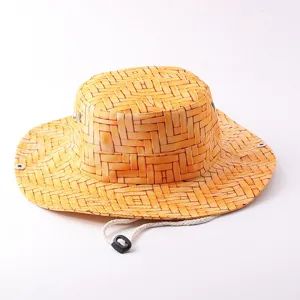 Outdoor yellow woven bucket hat with chin cord, wide brim sun protection casual hat.