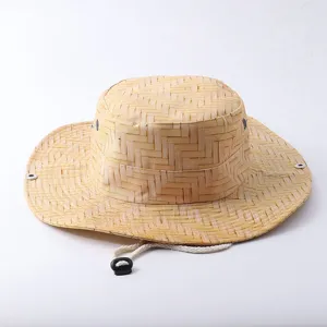 Woven sun hat for outdoor travel, wide brim bucket hat with wind cord and metal eyelets.